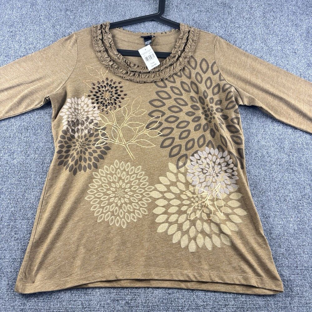 Trilogy by Morning Sun Top Large Tan Floral Stud Ruffle 3/4 Sleeve NWT
